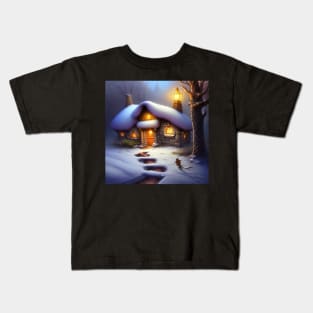 Magical Fantasy Cottage with Lights In A Snowy Scene, Scenery Nature Kids T-Shirt